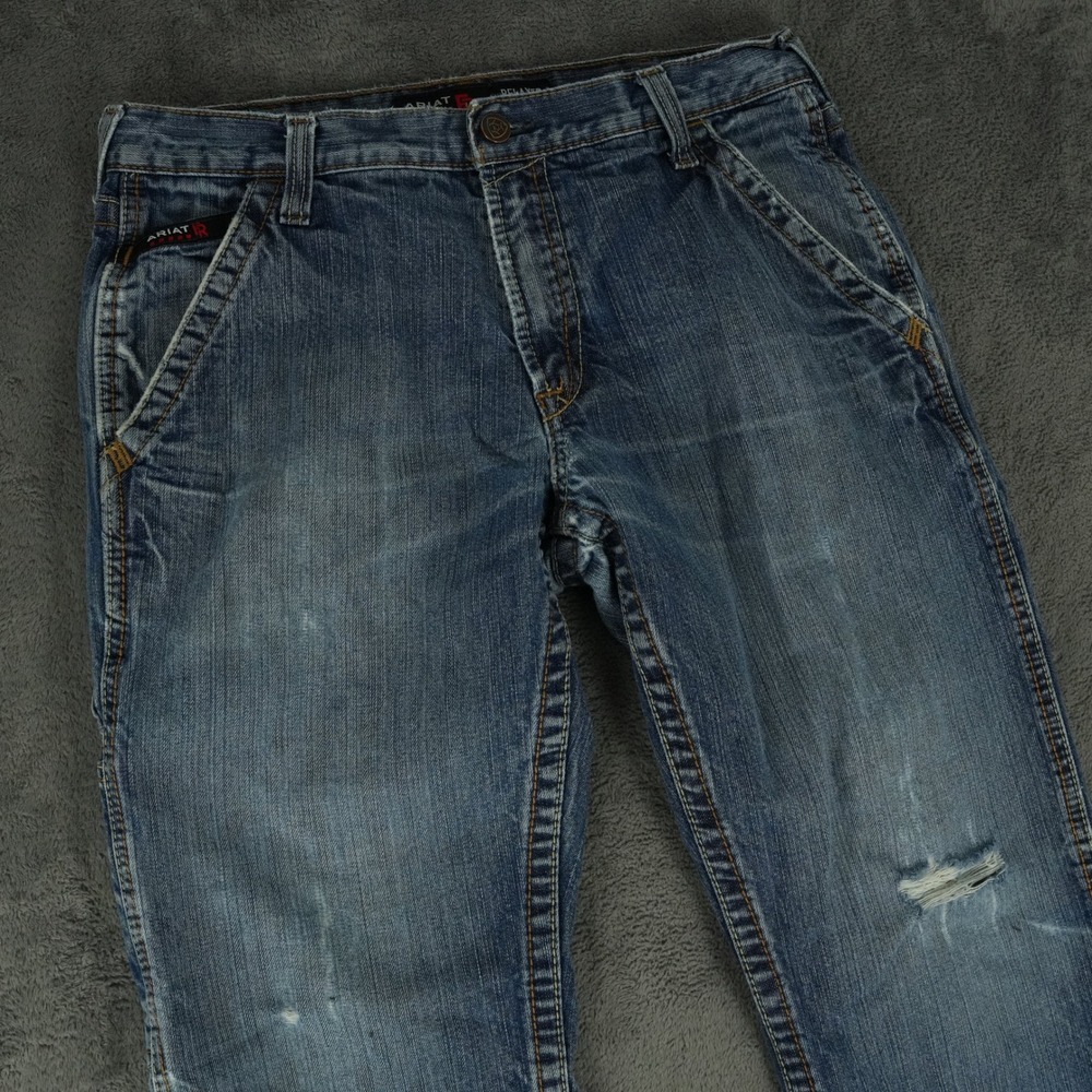 Ariat‎ FR M4 Work Pants Mens Fits 33x31 Blue Relaxed Boot Distressed Denim